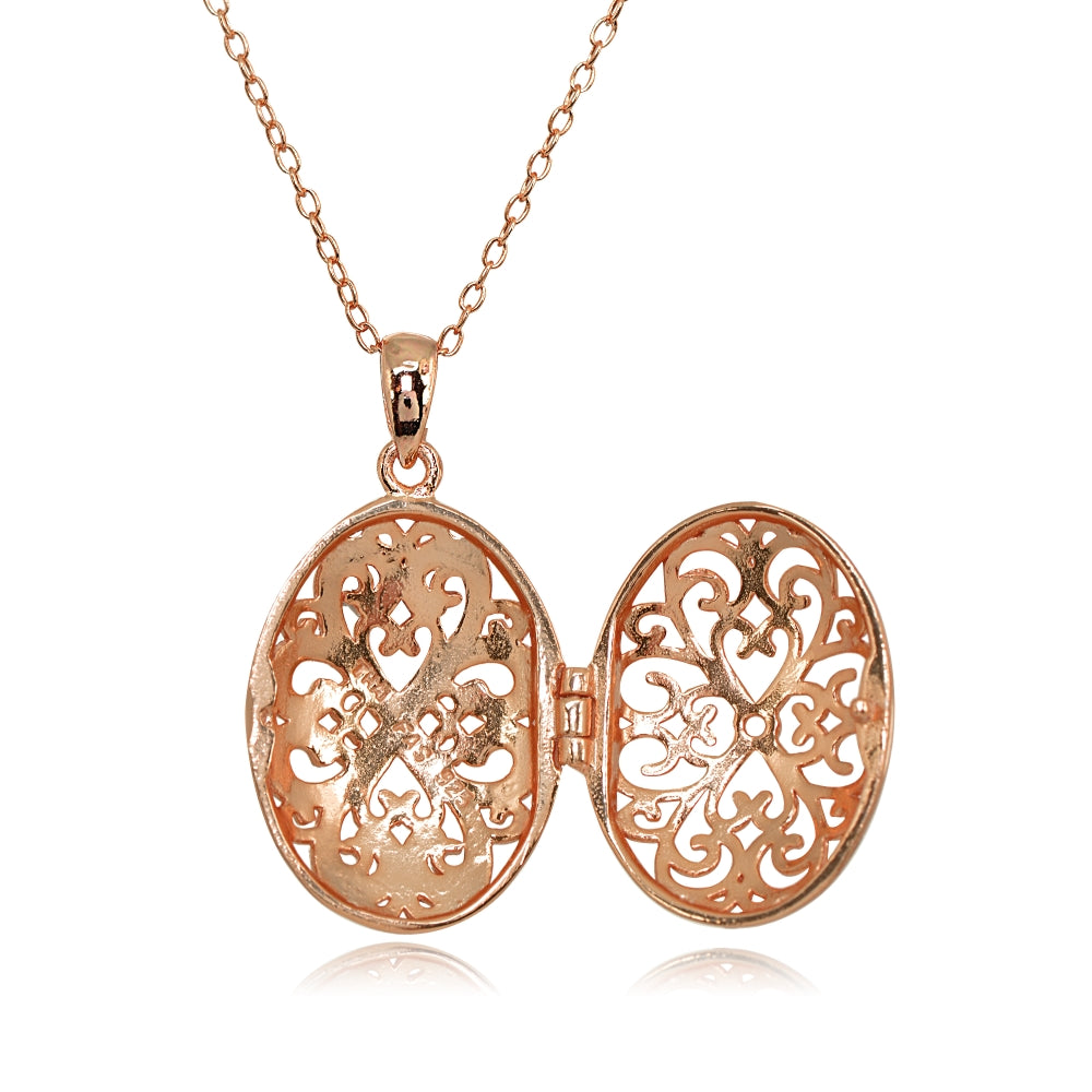 Rose Gold Flashed Sterling Silver Two-Tone Polished Diamond-Cut Oval Filigree Picture Locket Necklace-2