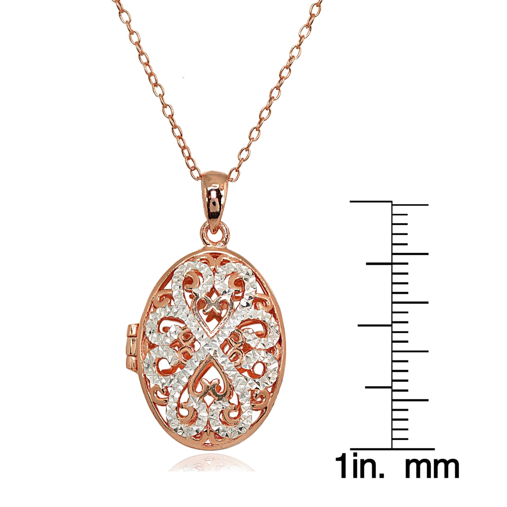 Rose Gold Flashed Sterling Silver Two-Tone Polished Diamond-Cut Oval Filigree Picture Locket Necklace-3