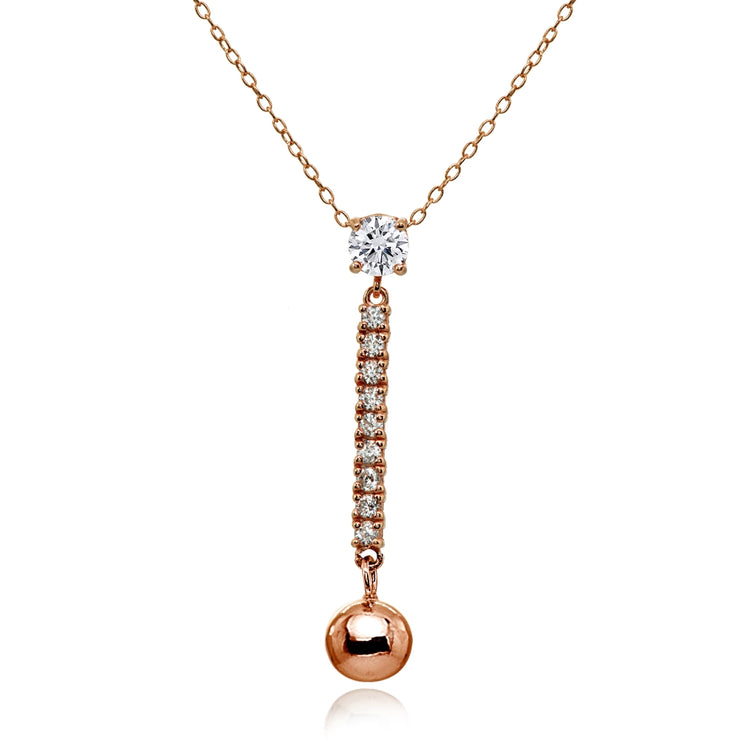 Rose Gold Flashed Sterling Silver Cubic Zirconia Round Long Dangling Bar Bead Drop Necklace