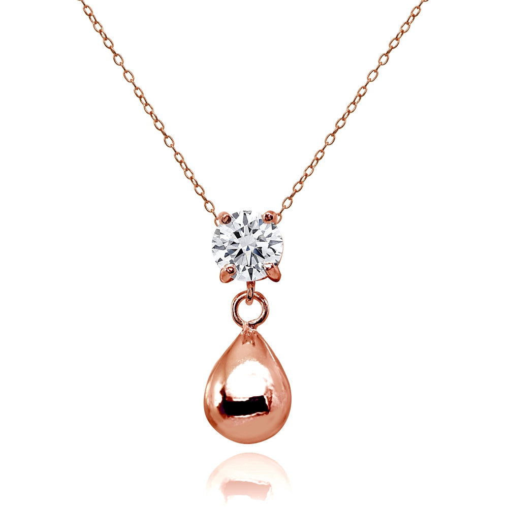 Rose Gold Flashed Sterling Silver Cubic Zirconia 6mm Dangling Pear-Shape Bead Necklace
