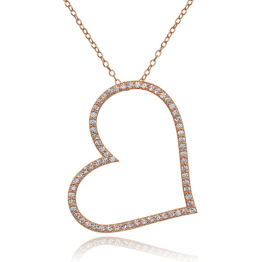Rose Gold Flashed Sterling Silver Cubic Zirconia Large Sideways Heart Slide Necklace