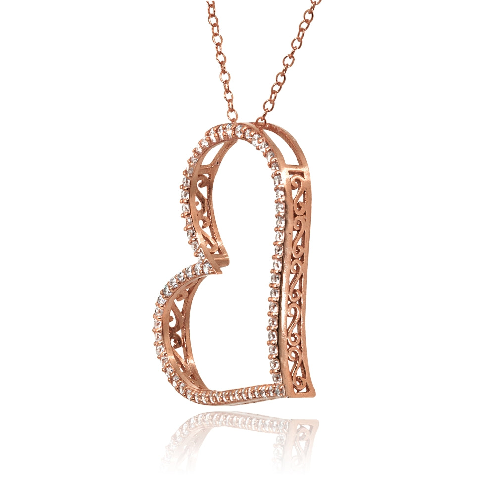 Rose Gold Flashed Sterling Silver Cubic Zirconia Large Sideways Heart Slide Necklace-2