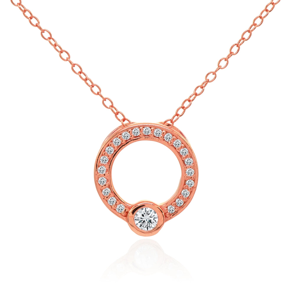 Rose Gold Flashed Sterling Silver Open Circle Bezel Set Cubic Zirconia Slide Necklace
