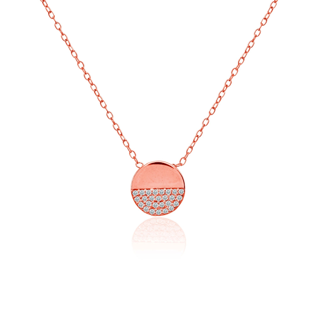 Rose Gold Flashed Sterling Silver Polished Round Disk Cubic Zirconia Slide Choker Necklace