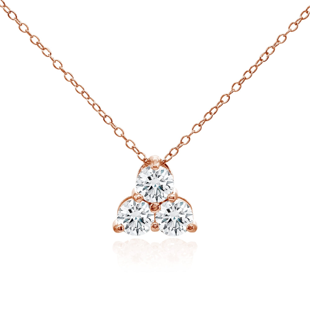 Rose Gold Flashed Sterling Silver Three Stone Round Cubic Zirconia Cluster Triangle Slide Necklace