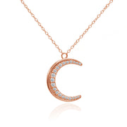 Rose Gold Flashed Sterling Silver Crescent Moon Polished Round Cubic Zirconia Necklace