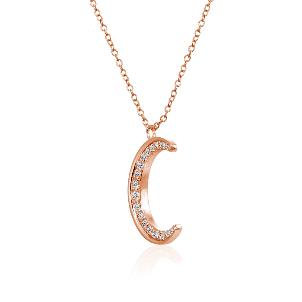 Rose Gold Flashed Sterling Silver Crescent Moon Polished Round Cubic Zirconia Necklace-2