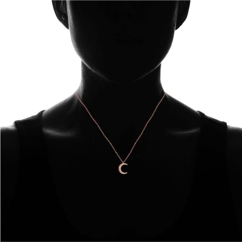 Rose Gold Flashed Sterling Silver Crescent Moon Polished Round Cubic Zirconia Necklace-3