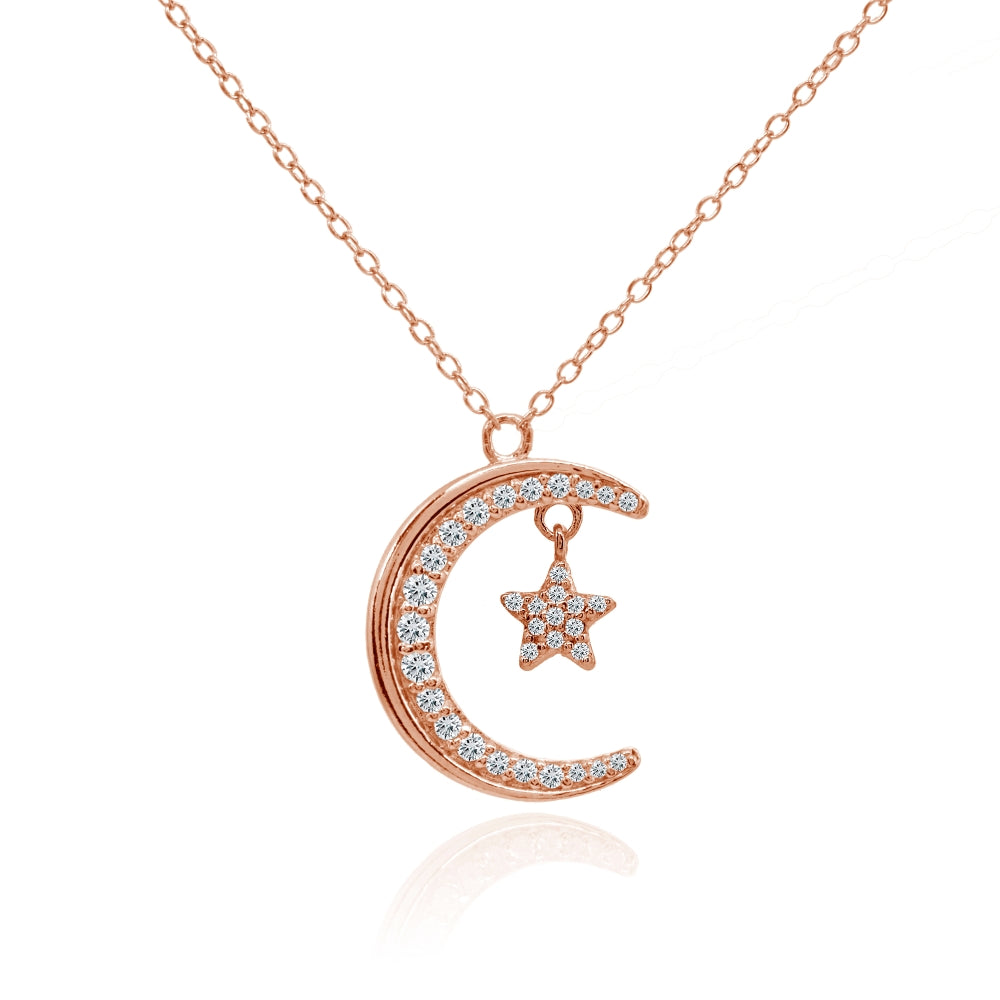 Rose Gold Flashed Sterling Silver Crescent Moon and Star Polished Round Cubic Zirconia Necklace
