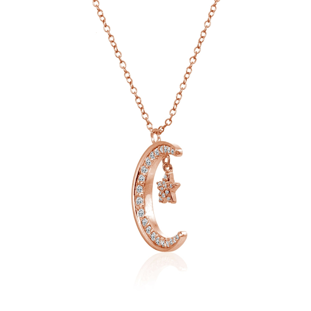 Rose Gold Flashed Sterling Silver Crescent Moon and Star Polished Round Cubic Zirconia Necklace-2