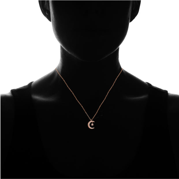 Rose Gold Flashed Sterling Silver Crescent Moon and Star Polished Round Cubic Zirconia Necklace