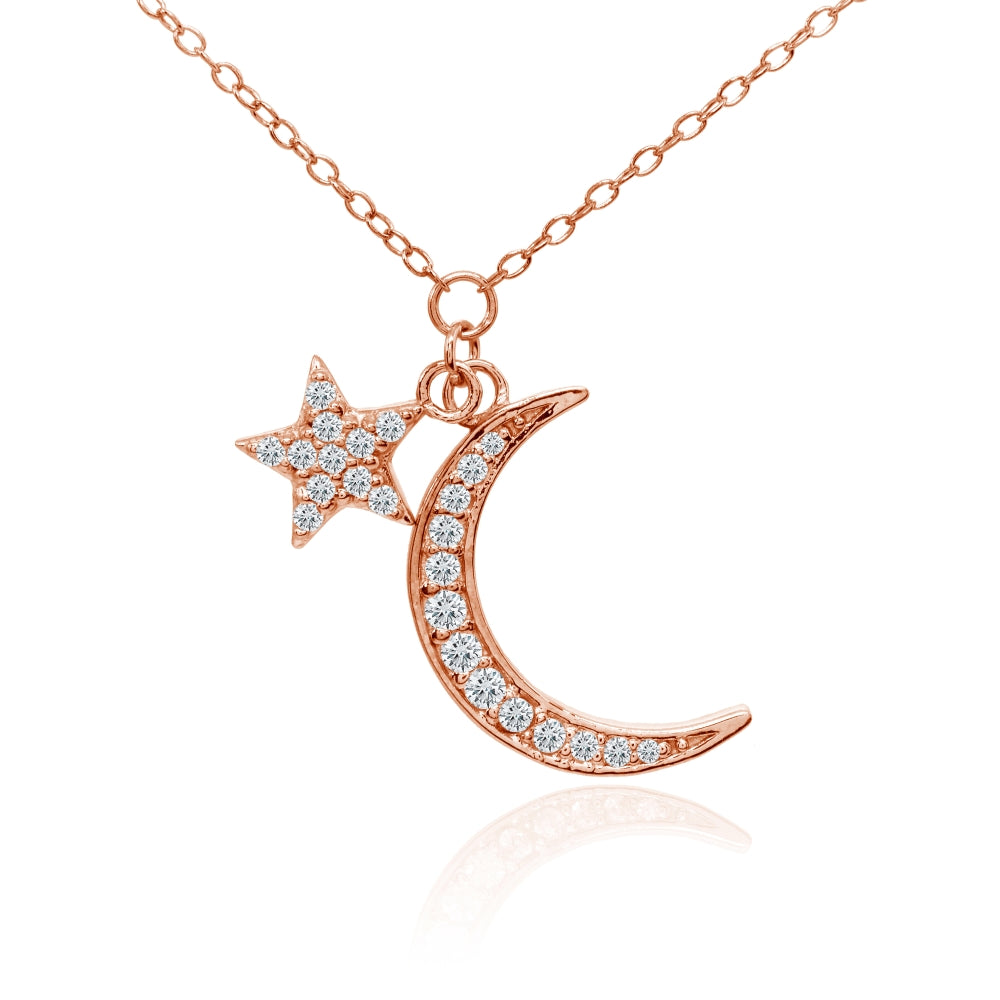Rose Gold Flashed Sterling Silver Cubic Zirconia Polished Moon and Star Dainty Minimalist Necklace