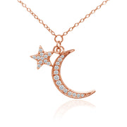 Rose Gold Flashed Sterling Silver Cubic Zirconia Polished Moon and Star Dainty Minimalist Necklace