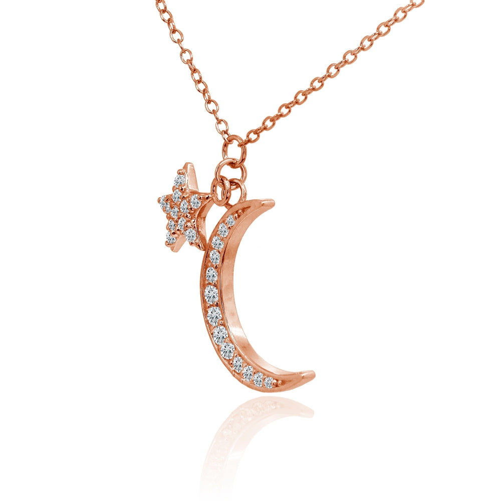 Rose Gold Flashed Sterling Silver Cubic Zirconia Polished Moon and Star Dainty Minimalist Necklace-2