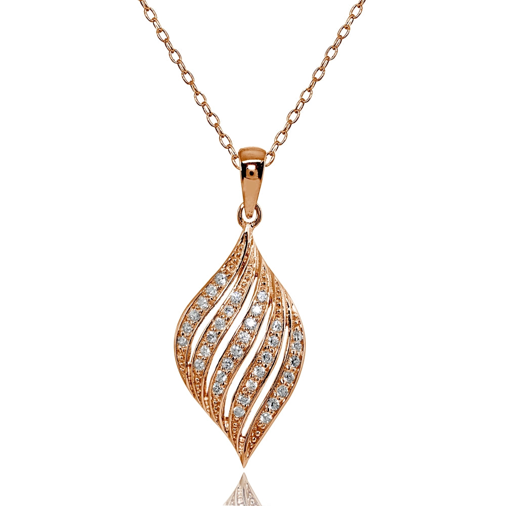 Rose Gold Flashed Sterling Silver Cubic Zirconia Round Polished Swirl Leaf Pendant Necklace
