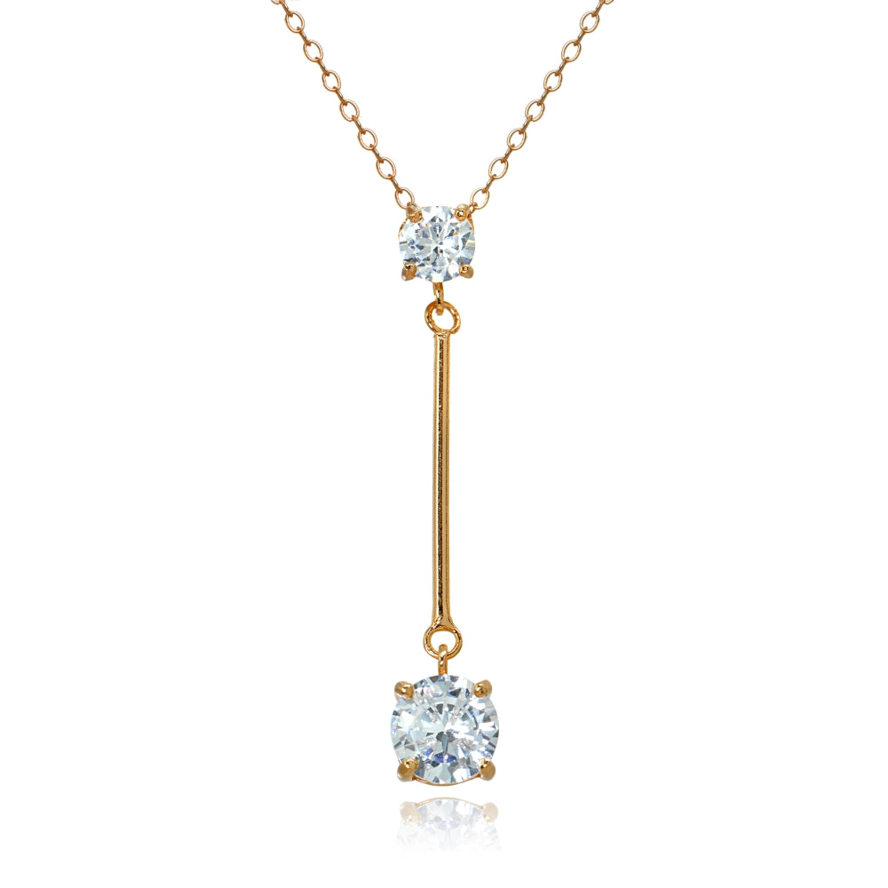 Rose Gold Flashed Sterling Silver Cubic Zirconia Round Bar Dangle Drop Y-Necklace