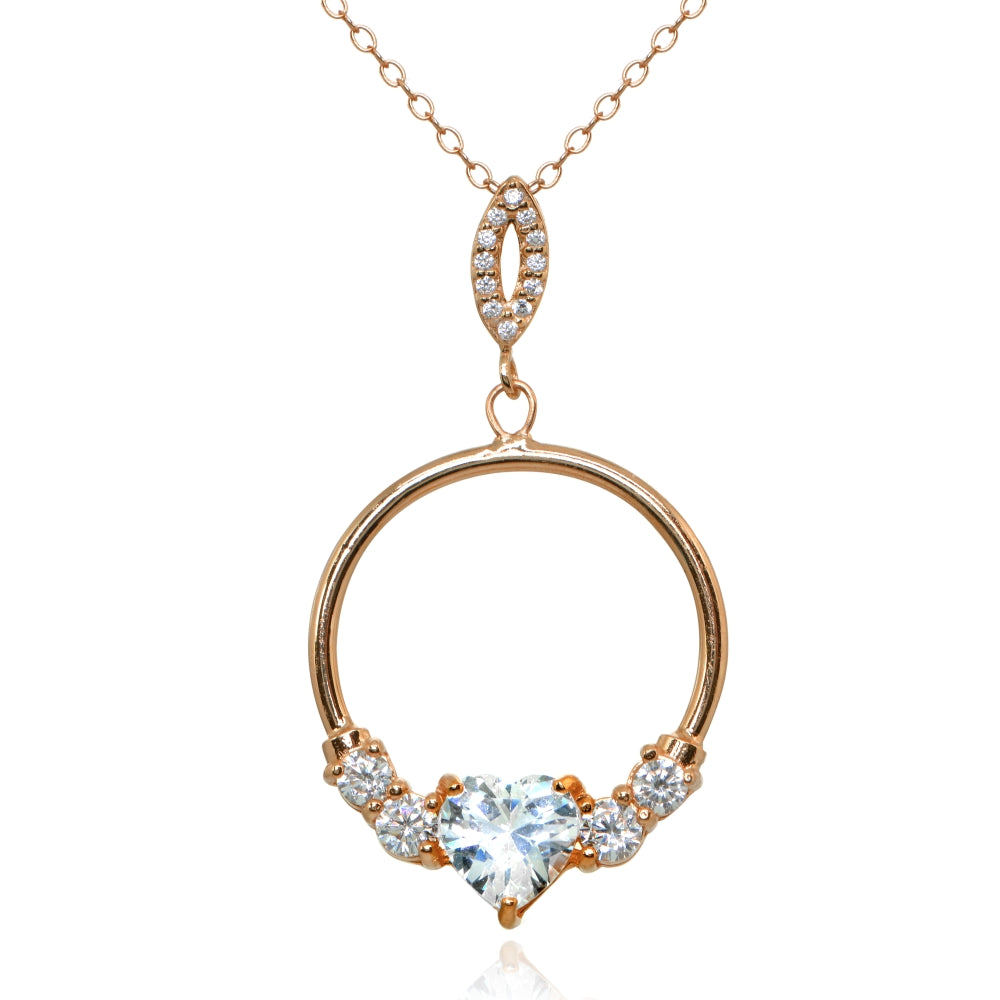 Rose Gold Flashed Sterling Silver Cubic Zirconia Heart Open Circle Dangle Drop Pendant Necklace