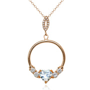 Rose Gold Flashed Sterling Silver Cubic Zirconia Heart Open Circle Dangle Drop Pendant Necklace