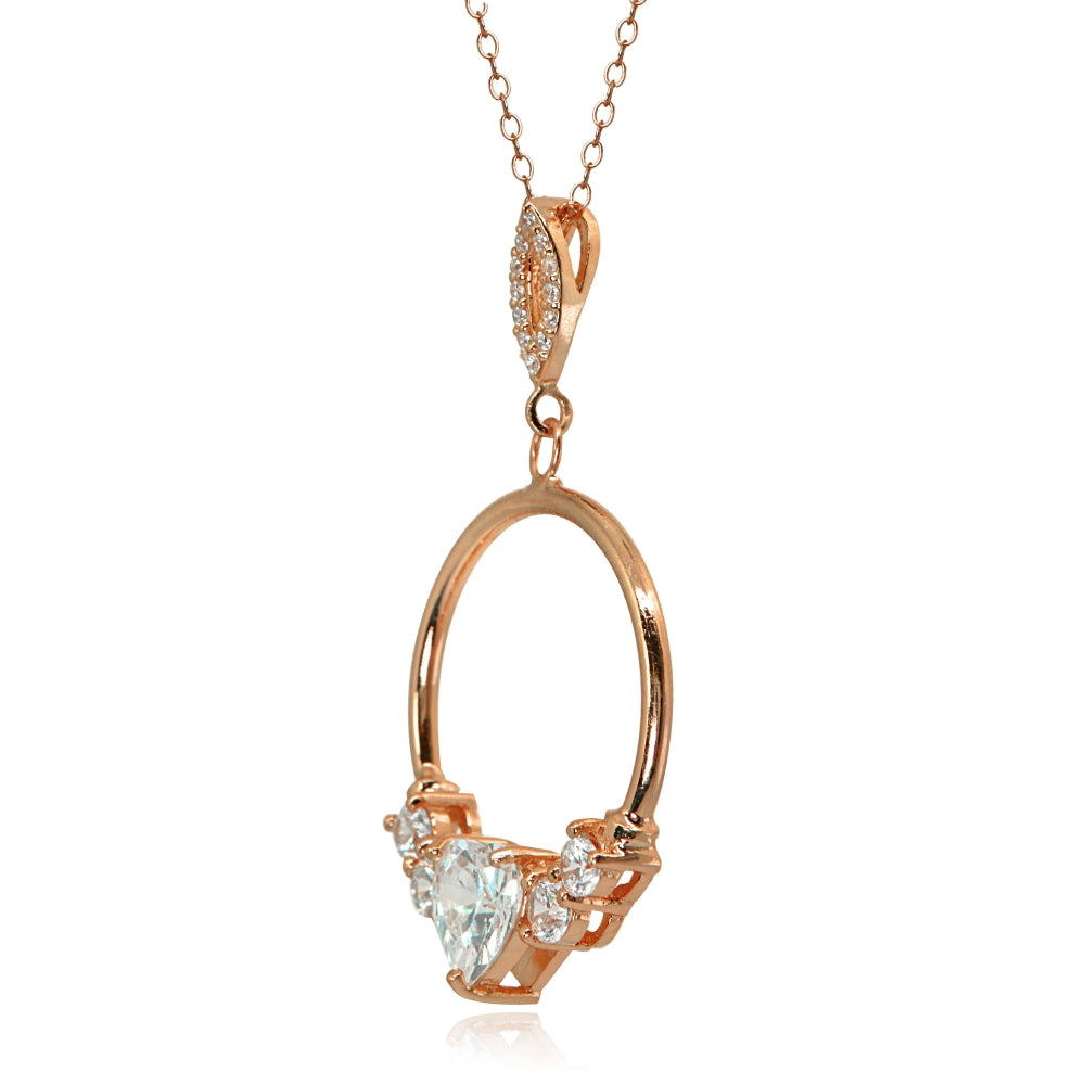 Rose Gold Flashed Sterling Silver Cubic Zirconia Heart Open Circle Dangle Drop Pendant Necklace-2