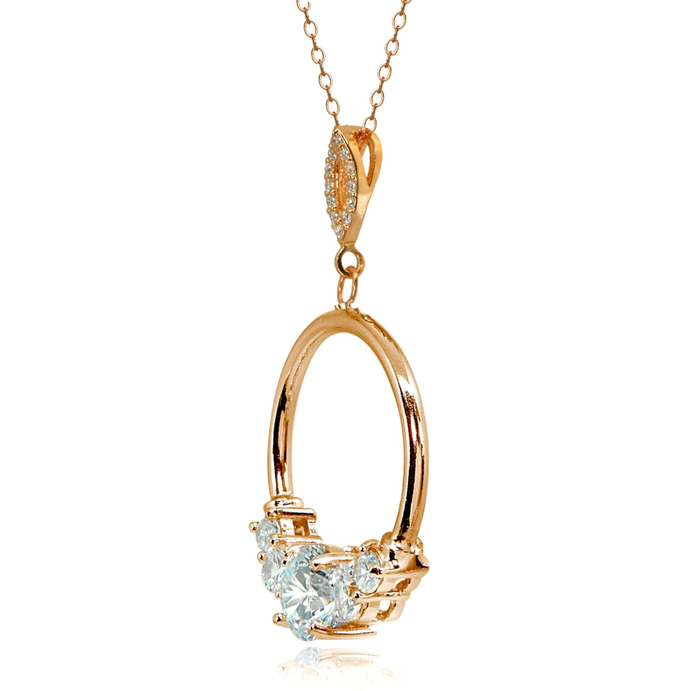 Rose Gold Flashed Sterling Silver Cubic Zirconia Round Open Circle Dangle Drop Pendant Necklace-2