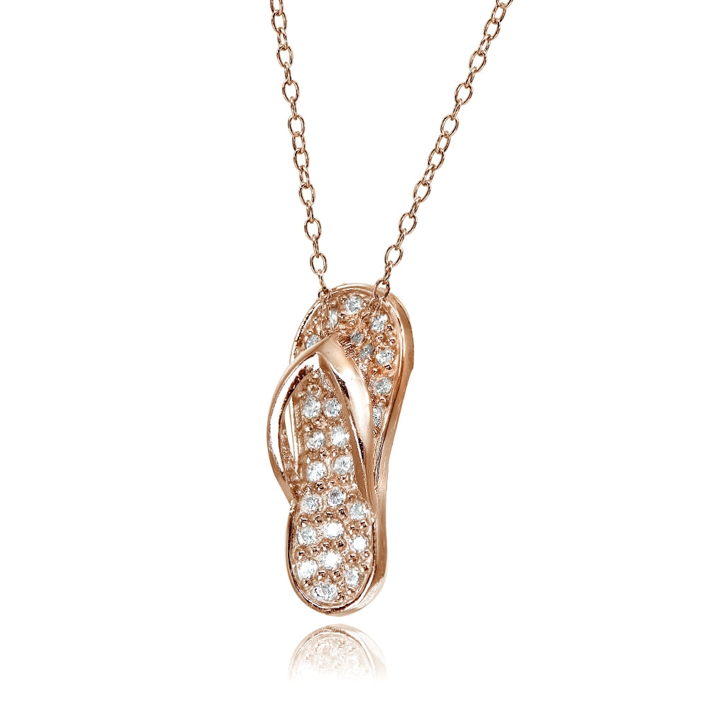 Rose Gold Flashed Sterling Silver Cubic Zirconia Flip-Flop Beach Sandal Necklace-2