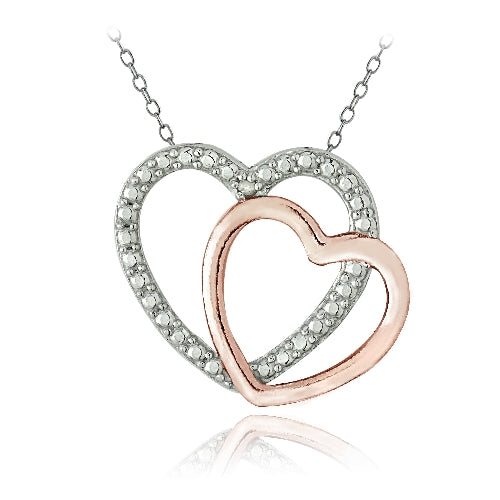 Sterling Silver Two Tone Rose Gold Tone Diamond Accent Double Open Heart Necklace