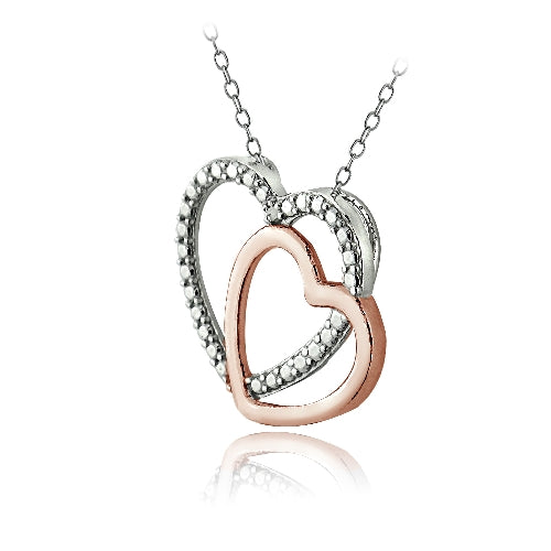 Sterling Silver Two Tone Rose Gold Tone Diamond Accent Double Open Heart Necklace