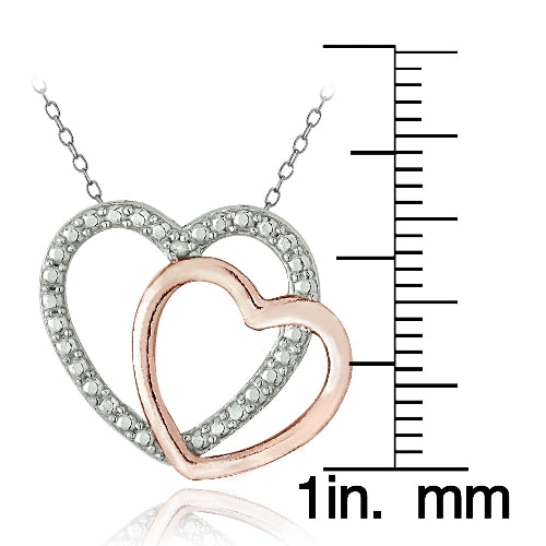 Sterling Silver Two Tone Rose Gold Tone Diamond Accent Double Open Heart Necklace-3