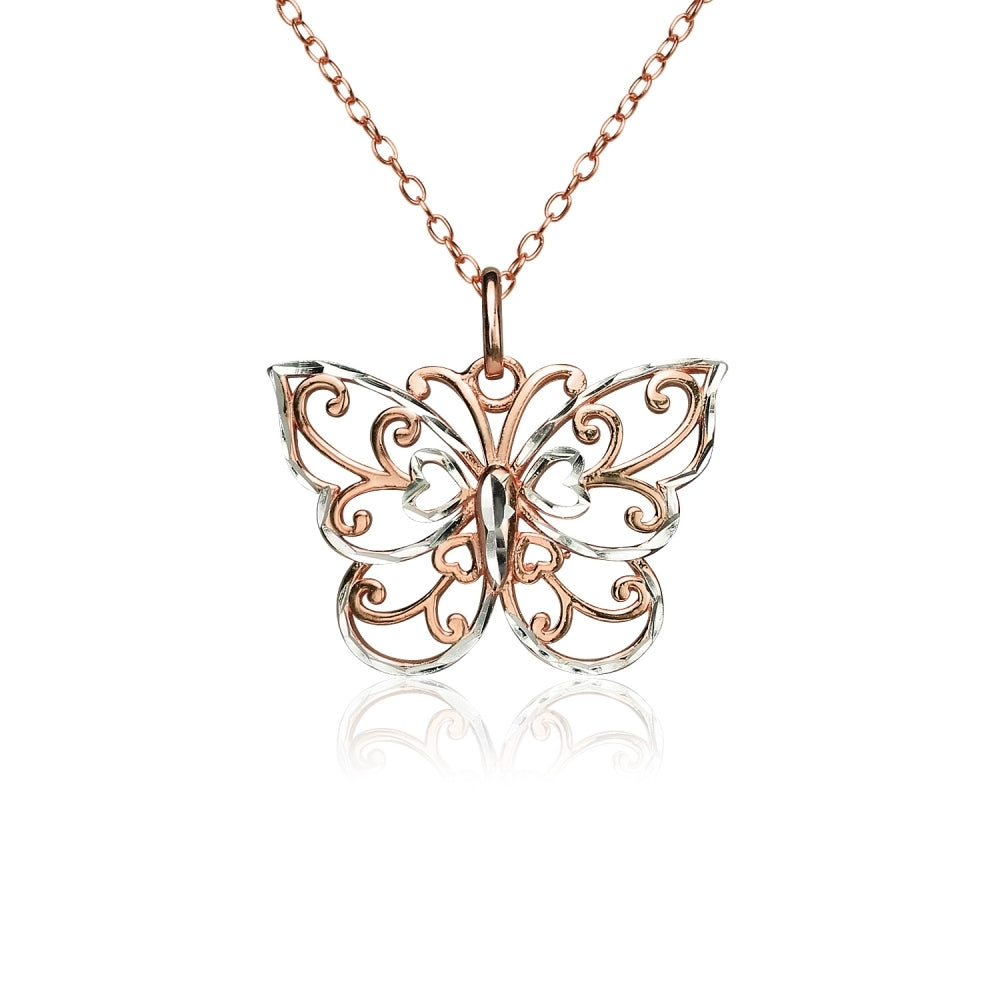 Rose Gold Flashed Sterling Silver Two-Tone  Diamond-cut Filigree Butterfly Pendant Necklace