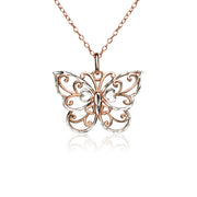 Rose Gold Flashed Sterling Silver Two-Tone  Diamond-cut Filigree Butterfly Pendant Necklace