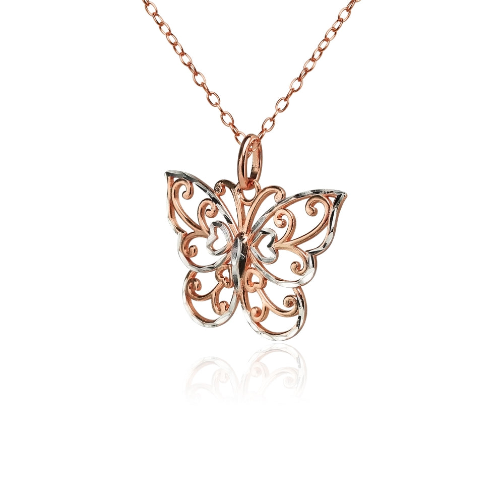 Rose Gold Flashed Sterling Silver Two-Tone  Diamond-cut Filigree Butterfly Pendant Necklace-2
