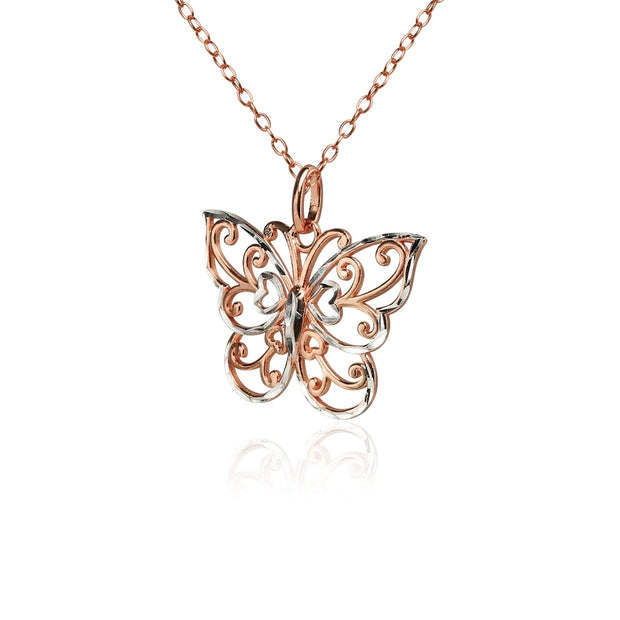 Rose Gold Flashed Sterling Silver Two-Tone  Diamond-cut Filigree Butterfly Pendant Necklace