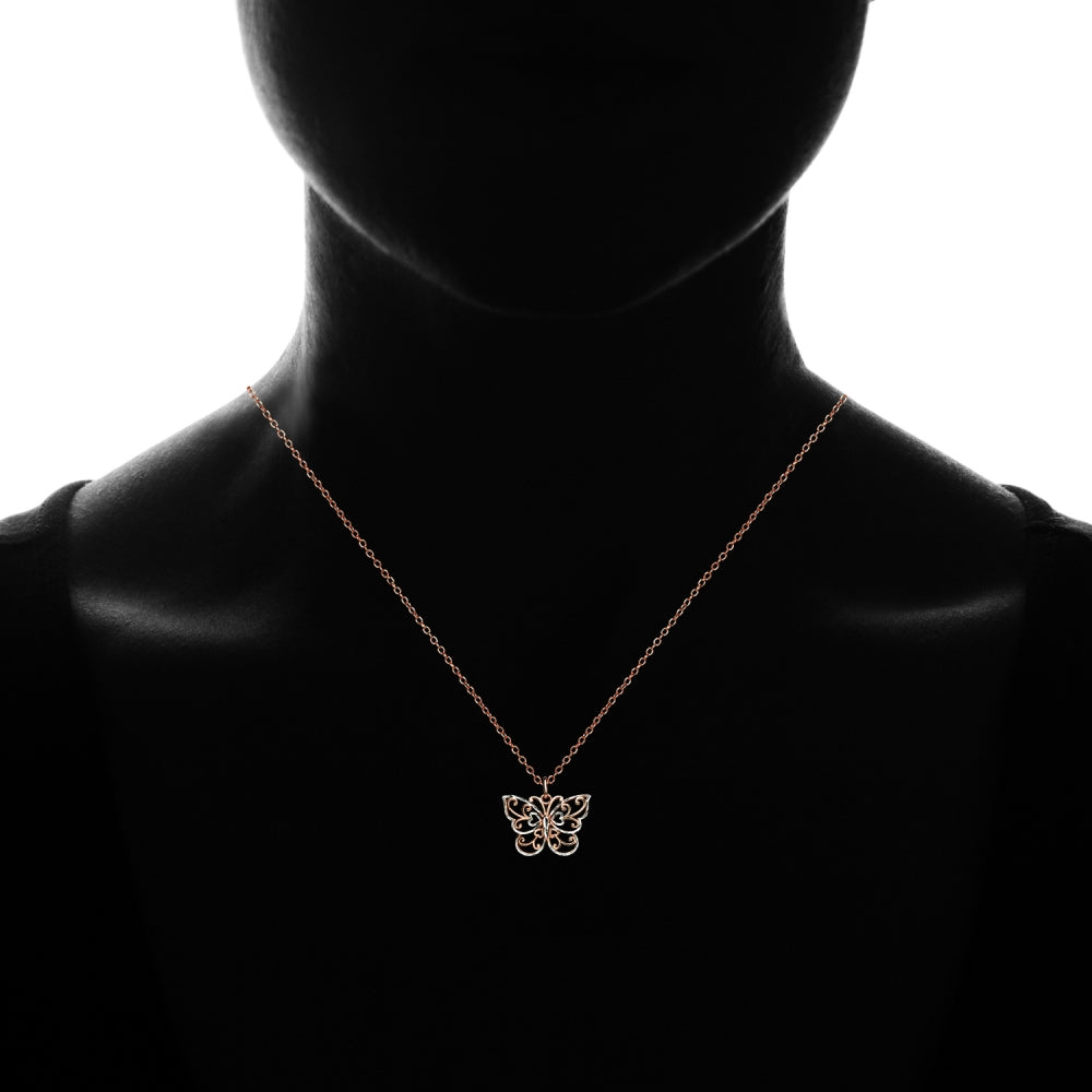 Rose Gold Flashed Sterling Silver Two-Tone  Diamond-cut Filigree Butterfly Pendant Necklace-3