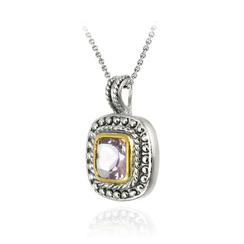 Sterling Silver Two Tone Designer Inspired Amethyst Square Pendant w/ Beaded Border-2