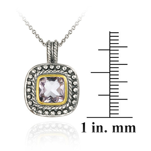 Sterling Silver Two Tone Designer Inspired Amethyst Square Pendant w/ Beaded Border-3