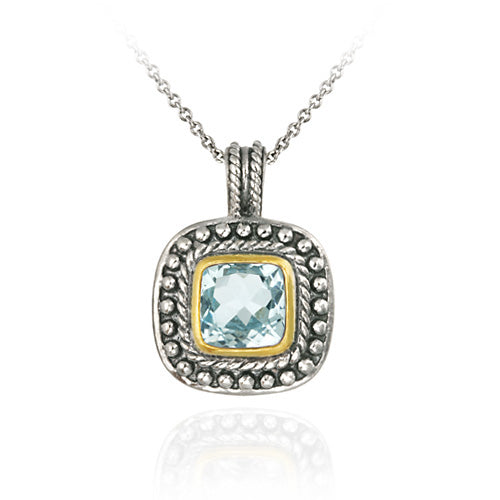 Sterling Silver Two Tone Designer Inspired Blue Topaz Square Pendant w/ Beaded Border