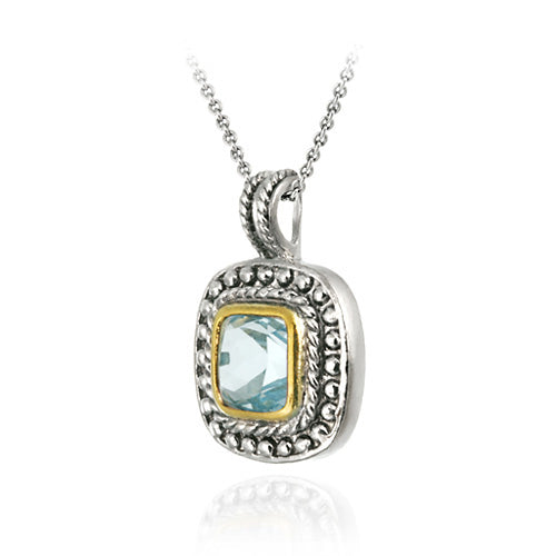 Sterling Silver Two Tone Designer Inspired Blue Topaz Square Pendant w/ Beaded Border-2