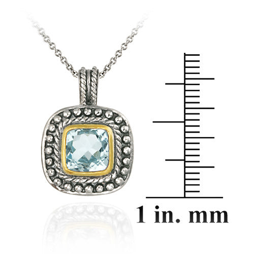 Sterling Silver Two Tone Designer Inspired Blue Topaz Square Pendant w/ Beaded Border-3
