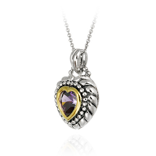 Sterling Silver Two Tone Designer Inspired Purple CZ Heart Pendant w/ Braided Border-2