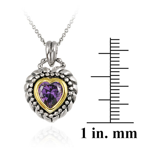 Sterling Silver Two Tone Designer Inspired Purple CZ Heart Pendant w/ Braided Border-3