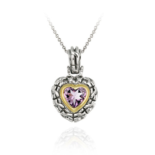 Sterling Silver Two Tone Designer Inspired Amethyst Heart Pendant w/ Braided Border
