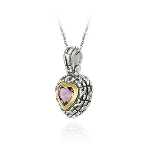 Sterling Silver Two Tone Designer Inspired Amethyst Heart Pendant w/ Braided Border-2