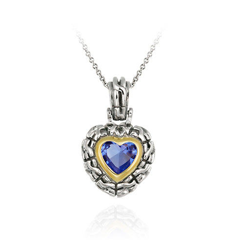 Sterling Silver Two Tone Designer Inspired Dark Blue CZ Heart Pendant w/ Braided Border