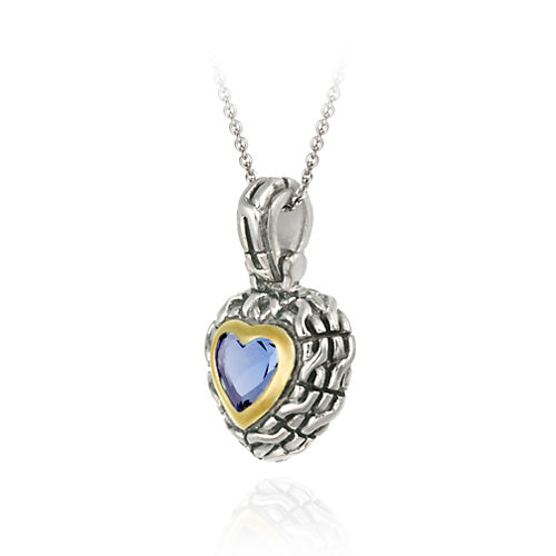 Sterling Silver Two Tone Designer Inspired Dark Blue CZ Heart Pendant w/ Braided Border-2