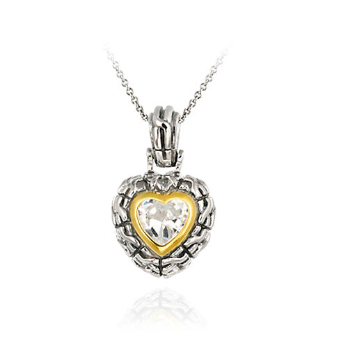 Sterling Silver Two Tone Designer Inspired CZ Heart Pendant w/ Braided Border