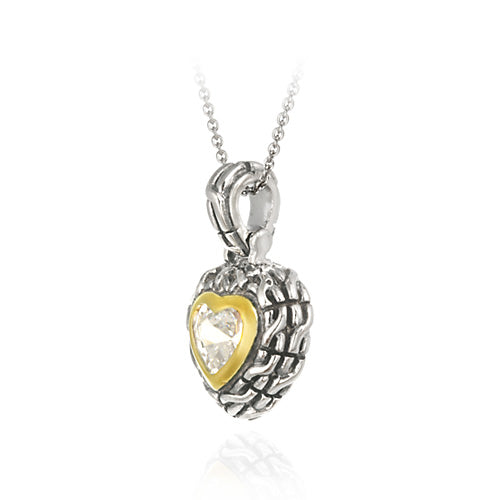 Sterling Silver Two Tone Designer Inspired CZ Heart Pendant w/ Braided Border-2