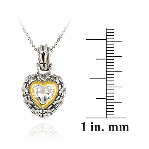 Sterling Silver Two Tone Designer Inspired CZ Heart Pendant w/ Braided Border-3