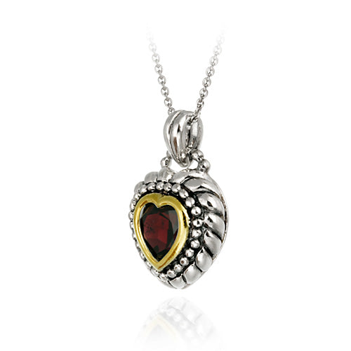 Sterling Silver Two Tone Designer Inspired Garnet Heart Pendant w/ Beaded Border