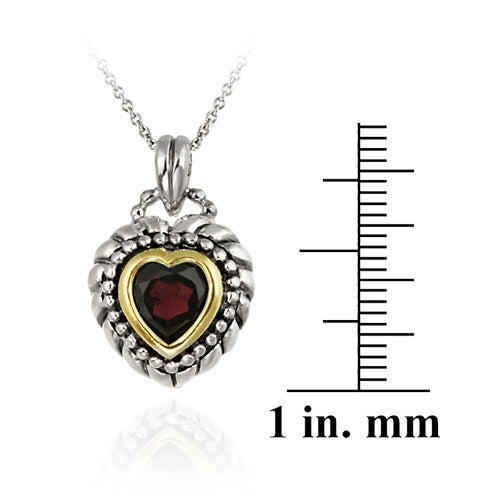 Sterling Silver Two Tone Designer Inspired Garnet Heart Pendant w/ Beaded Border-3