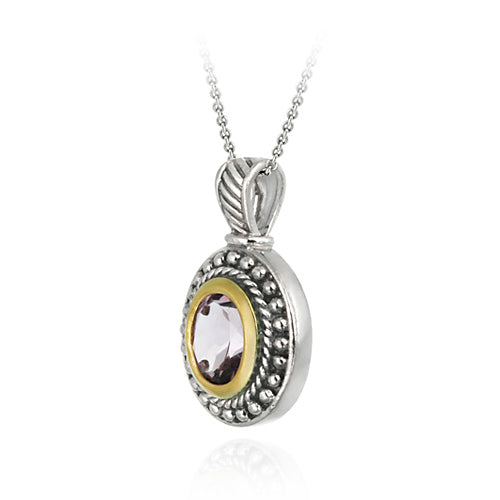 Sterling Silver Two Tone Designer Inspired Amethyst Oval Pendant w/ Beaded Border-2